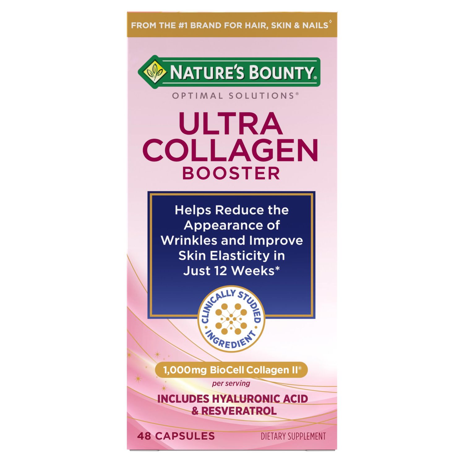 Nature&#39;s Bounty Optimal Solutions Ultra Collagen Booster for Healthy-Aging, Collagen Supplement, Resveratrol, Hyaluronic Acid - Collagen Capsules for Women, 48 Capsules