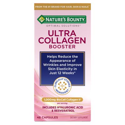 Nature&#39;s Bounty Optimal Solutions Ultra Collagen Booster for Healthy-Aging, Collagen Supplement, Resveratrol, Hyaluronic Acid - Collagen Capsules for Women, 48 Capsules