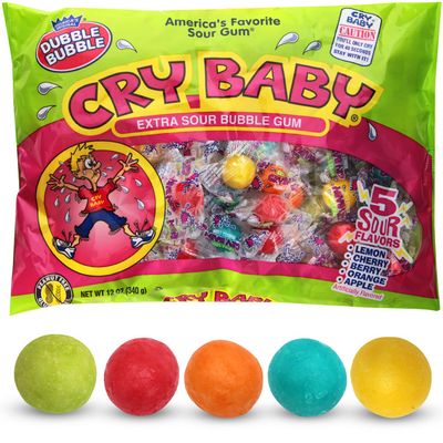 Cry Baby Extra Sour Bubble Gum, 12 OZ Bag of Individually Wrapped Gumballs 5 Mouth Puckering Flavors: Lemon, Cherry, Berry, Orange, and Apple, Perfect Sour Gumballs for Candy Lovers, Kids, and Adults
