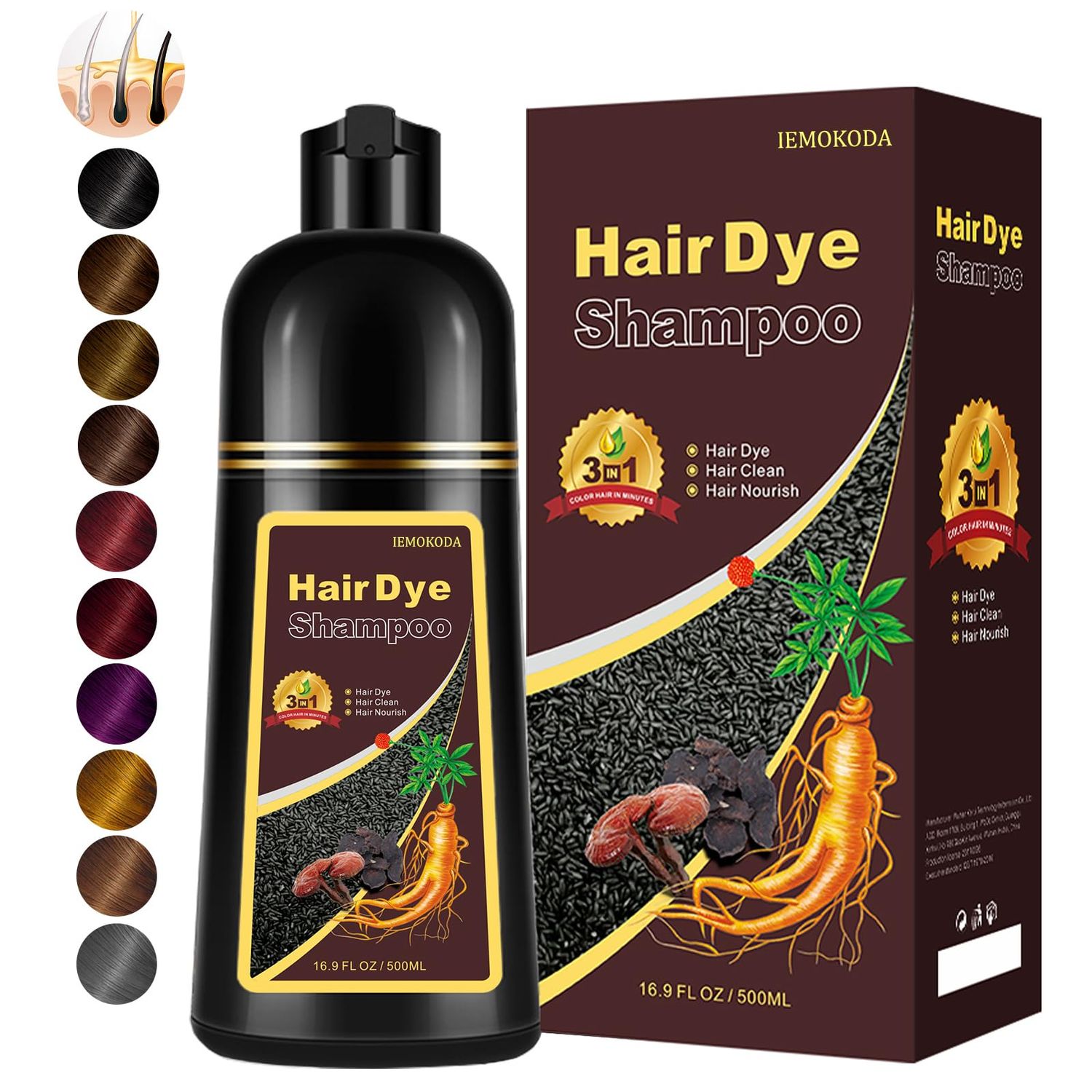 Instant Natural Brown Hair Color Shampoo - 3 in 1 for Gray Hair, 100 Coverage in 10-15 mins, Long Lasting, 16.9 Fl Oz