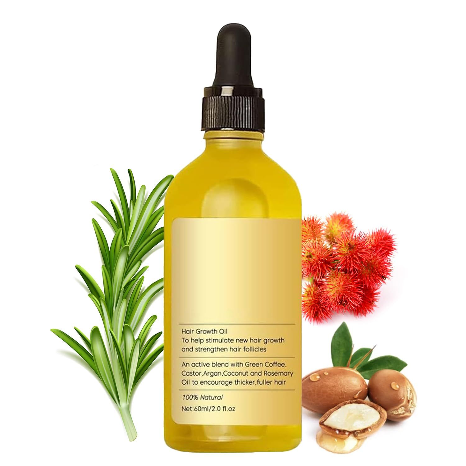Generic Natural Hair Growth Oil, Hair Growth Oil for Thicker, Fuller Looking Hair, Hair Growth Oil with Rosemary Oil, Argan Oil, Coffee Oil,Castor Oil, Suit for Men and Women, Yellow