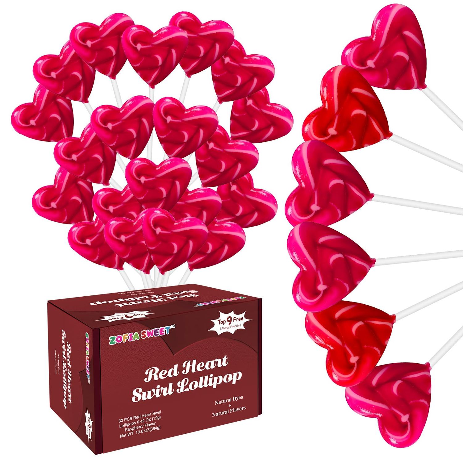 No Artificial Dyes or Flavors, Valentine&#39;s Day Red Heart Shaped Candy, 32 PK Individually Wrapped Bulk Swirl Lollipops Suckers For Party Favors, Gluten Free Candy Lollipops Raspberry Flavor