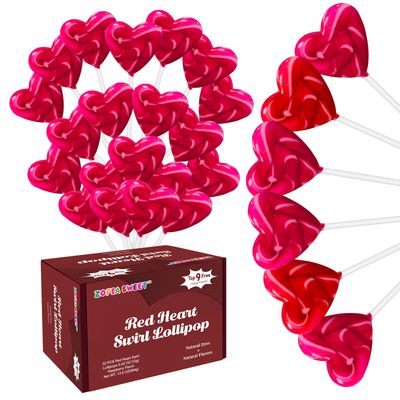 No Artificial Dyes or Flavors, Valentine&#39;s Day Red Heart Shaped Candy, 32 PK Individually Wrapped Bulk Swirl Lollipops Suckers For Party Favors, Gluten Free Candy Lollipops Raspberry Flavor