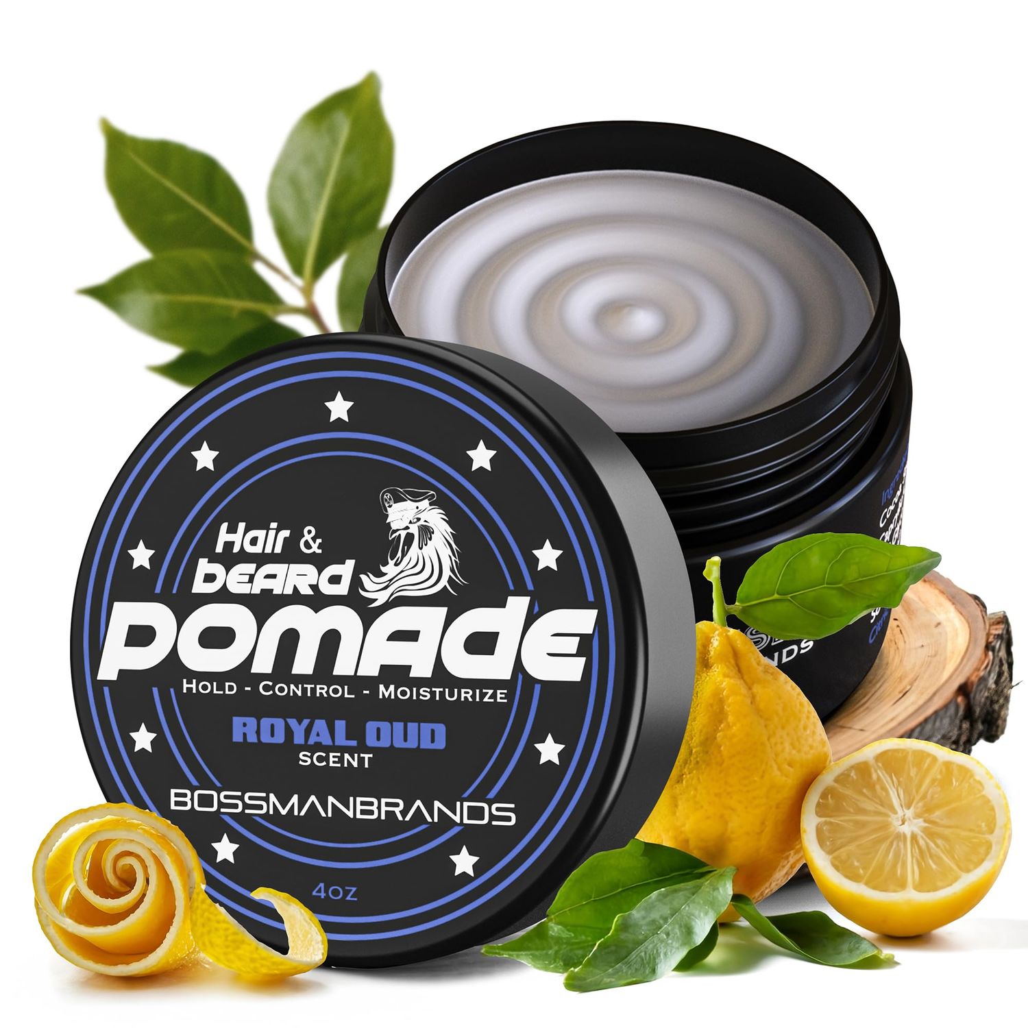 Bossman Hair Beard Pomade for Men (Royal Oud Scent) - Medium Hold Moisturizing for Hair, Beard Mustache Styling - Made in USA