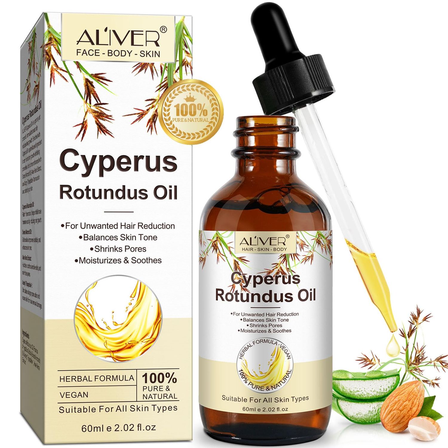Cyperus Rotundus Oil for Hair Removal, 100 Pure Natural Body and Facial Hair Removal for Women, Reduces Unwanted Hair Growth After Shave, Shrink Pores, Hydrates, Soothes and Repairs Skin