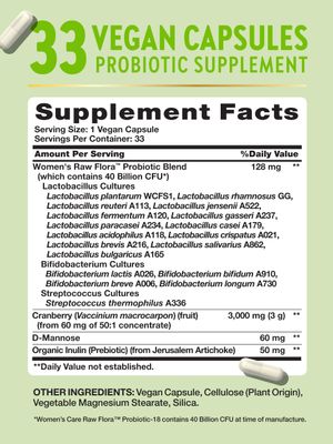 Raw Flora Probiotics for Women 40 Billion CFU 33 Vegan Capsules with Cranberry D-Mannose Vegan Gluten Free Vitamins by Nature's Truth