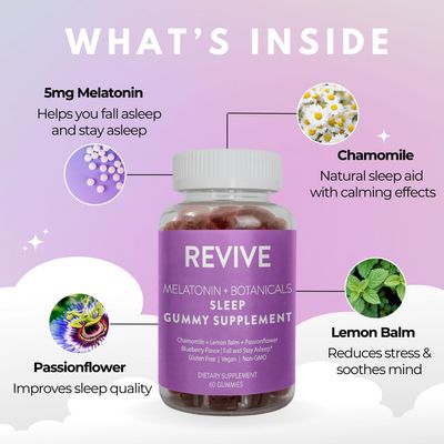 REVIVEEO Melatonin Botanicals Sleep Gummy Supplement by Revive Essential Oils with Chamomile, Lemon Balm Passionflower - 5 mg Melatonin - Blueberry Flavored