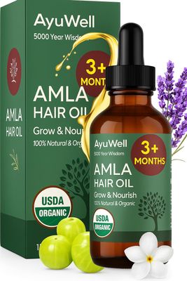 Ayuwell Ayurvedic Hair Oil, Potent Lightweight Amla Indian Hair Growth Oil - USDA All Hairs Types - For Nourishing Scalp wNon-GMO Bhringraj, Brahmi, Lavendar For Growth Balanced Health, 2 oz