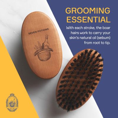 Seven Potions Beard Brush For Men With 100 First Cut Boar Bristles. Made in Pear Wood With Firm Bristles To Tame and Soften Your Facial Hair