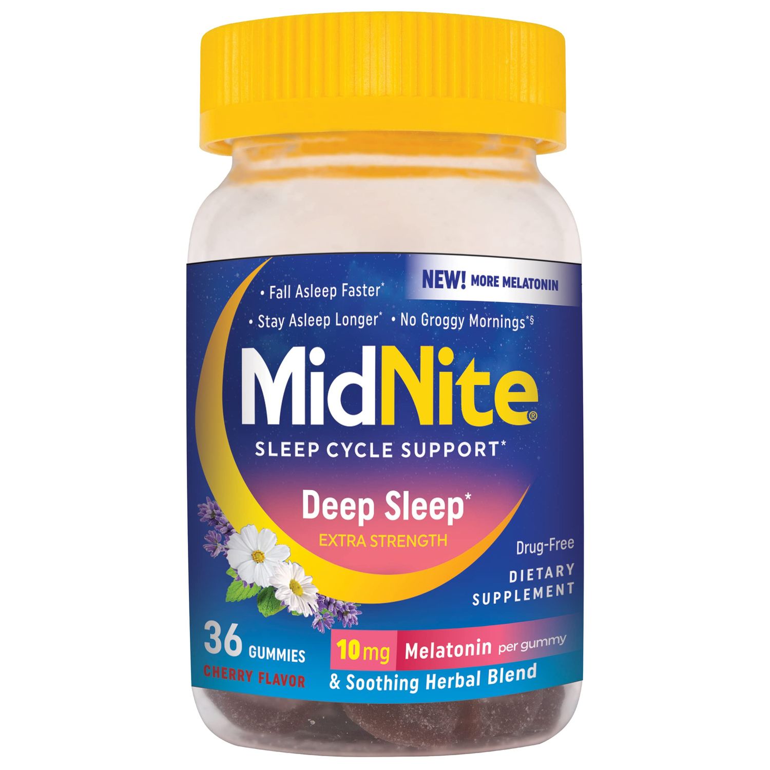 MidNite Deep Sleep Extra Strength, 10 mg Melatonin Sleep Aid, Non-Habit Forming, Herbal Dietary Supplement for Adults, Drug-Free, Gluten-Free, Lactose-Free, Vegetarian-Friendly, 36 Gummies