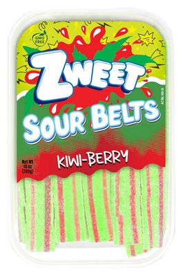 Zweet Sour Kiwi Berry Belts 10 Ounce - Sour Kosher Candy, Halal Candy - Resealable Pack of Sour Licorice Belts