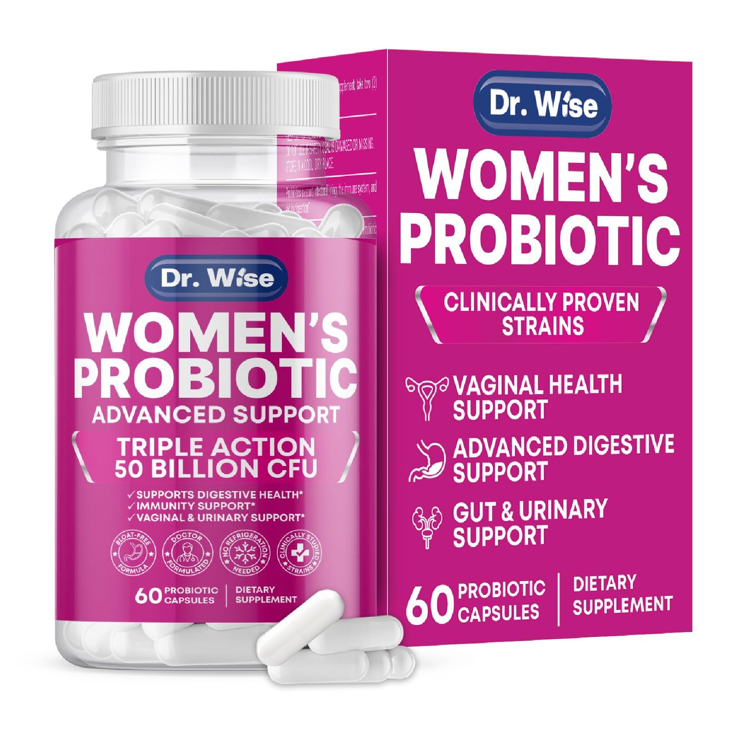 Dr. Wise Womens Probiotic - 50 Billion CFUs - Digestive, Urinary Vaginal Health Support - Immune Boost - Triple Action Formula - 60 Capsules - Made in USA