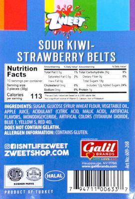 Zweet Sour Kiwi Berry Belts 10 Ounce - Sour Kosher Candy, Halal Candy - Resealable Pack of Sour Licorice Belts