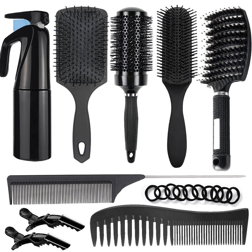 Aozzy 9Pcs Curly Hair Brush Set, Hair Brushes for Women, Round Brush for Blow Drying, Paddle Brush, Fit for Detangling Wet Long Thick Hair, Spray Bottle for Curly Wavy Hair, Family Daily CareBlack