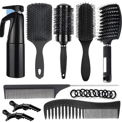 Aozzy 9Pcs Curly Hair Brush Set, Hair Brushes for Women, Round Brush for Blow Drying, Paddle Brush, Fit for Detangling Wet Long Thick Hair, Spray Bottle for Curly Wavy Hair, Family Daily CareBlack