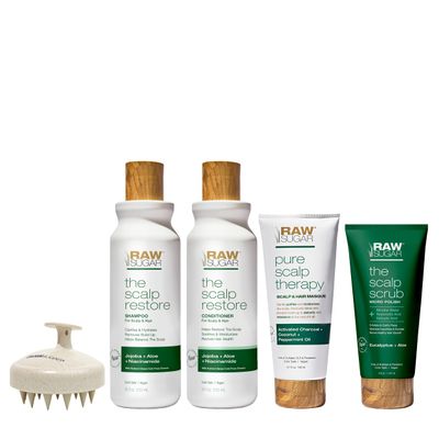 Raw Sugar Dry Scalp Treatment Hair Care Bundle (5 Products) Intensive Ritual At Home Spa Kit, Shampoo, Conditioner, Scalp Scrub, Hair Mask Massager, Formulated without Sulfates Parabens