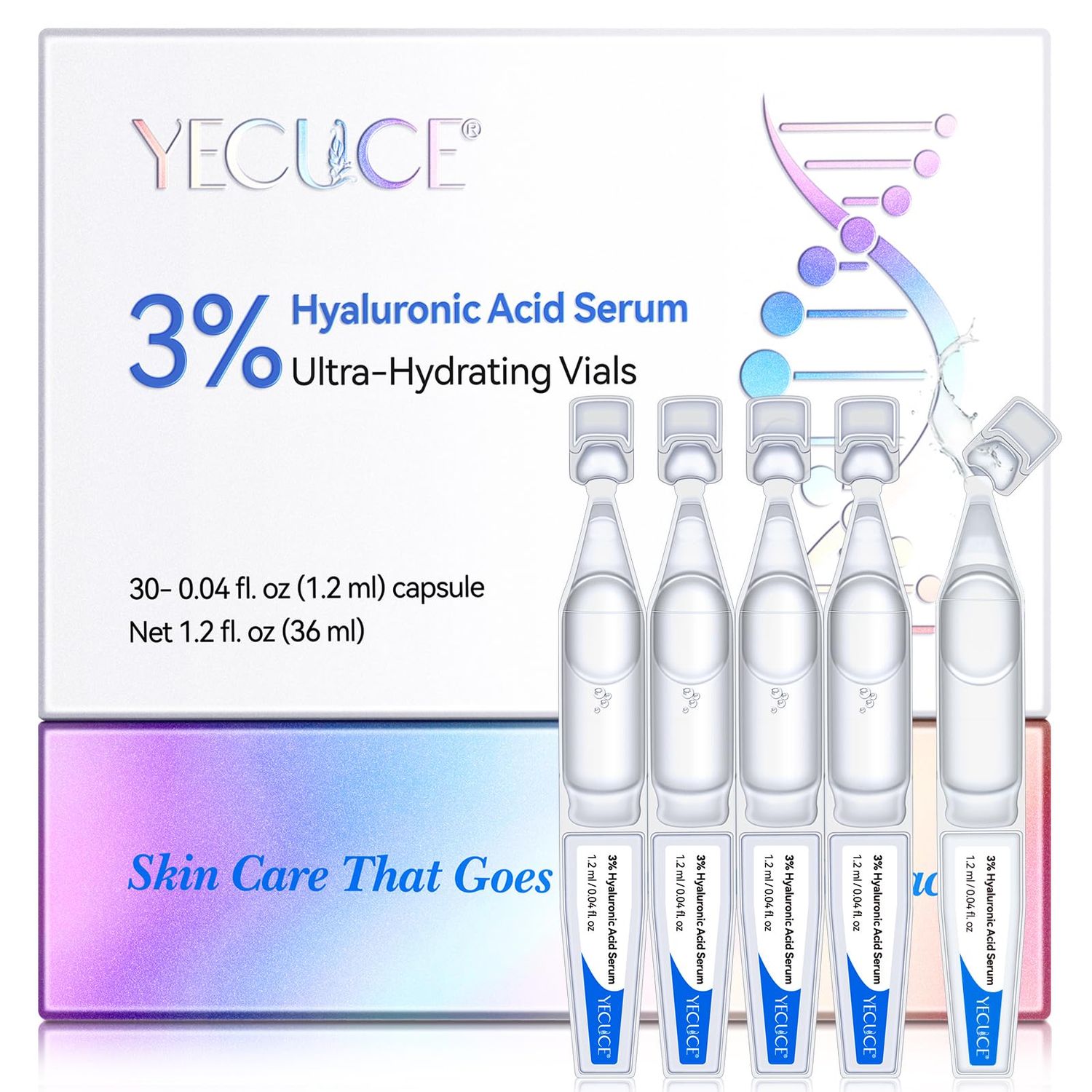 3 Hyaluronic Acid Serum Ultra-Hydrating Vials 30PCS,Single Use Hyaluronic Acid Tubes,Intensive Moisturizing,Skin Repair,Skin Tightening,Anti-Aging for All Skin Types(30 x 1.2ml)