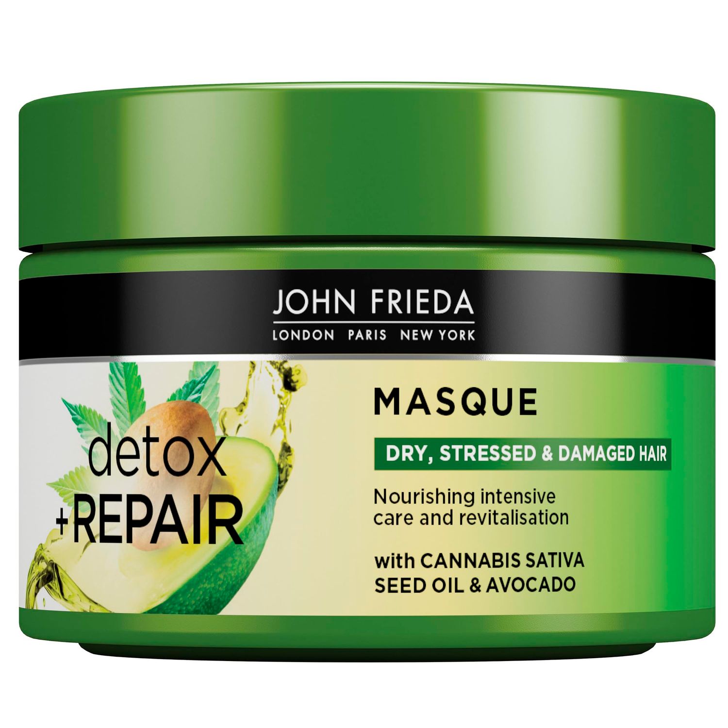 John Frieda Detox Repair Masque 250 ml, Intensive Deep Conditioner for Dry, Stressed and Damaged Hair, Nourishing Hair Mask with Cannabis Sativa Seed Oil and Avocado