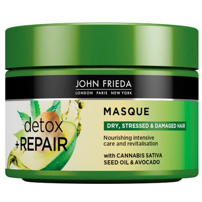 John Frieda Detox Repair Masque 250 ml, Intensive Deep Conditioner for Dry, Stressed and Damaged Hair, Nourishing Hair Mask with Cannabis Sativa Seed Oil and Avocado