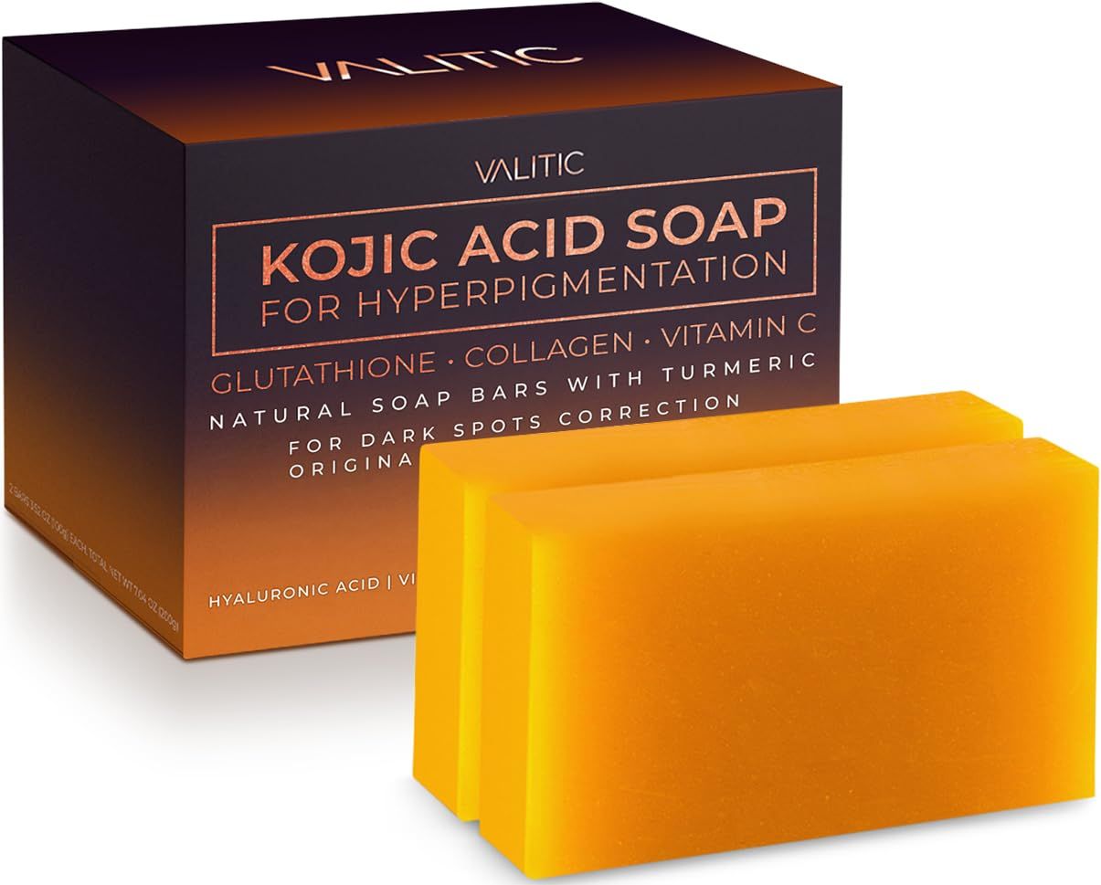 VALITIC Kojic Acid Soap for Hyperpigmentation - with Glutathione, Collagen Vitamin C - Natural Soap Bars with Turmeric - Original Japanese Complex for Dark Spot Correction - 2 Pack