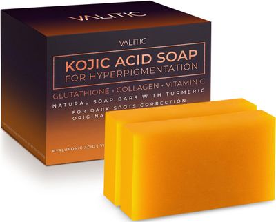 VALITIC Kojic Acid Soap for Hyperpigmentation - with Glutathione, Collagen Vitamin C - Natural Soap Bars with Turmeric - Original Japanese Complex for Dark Spot Correction - 2 Pack