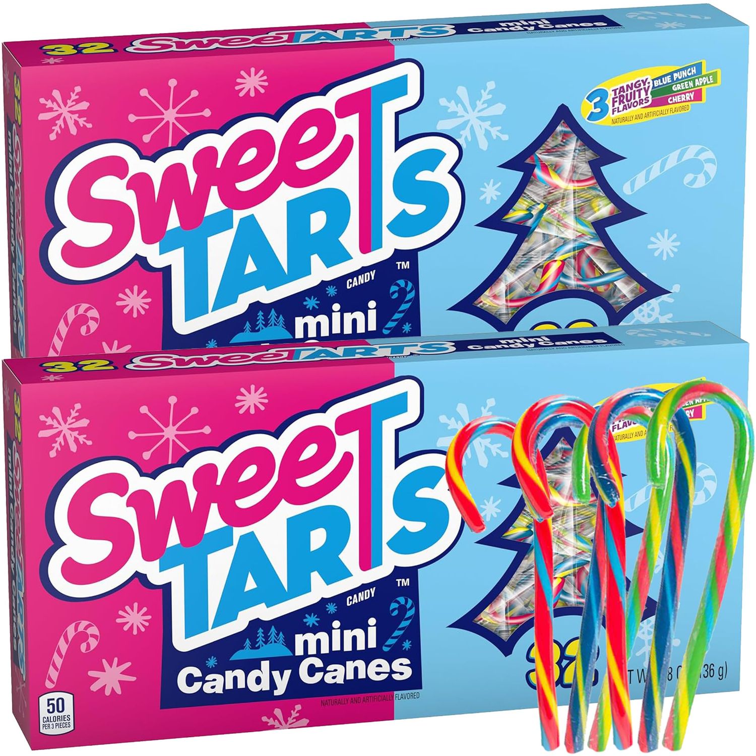 SweeTarts Mini Holiday Candy Canes, Holiday Candy, Christmas Stocking Stuffers for Kids, Individually Wrapped 32 Count Per Box (Pack of 2)