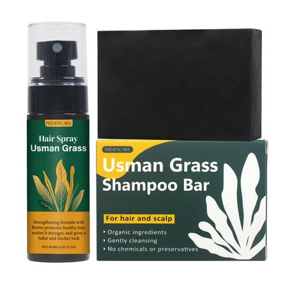 Natural Usman Shampoo Bar Spray Set, Usma Grass Black Soap for Women and Men Gray Hair Reverse, Hair Thickening Darkening Liquid Mist, Cover Grey Reducing Thinning Hair Loss Scalp Care Serum