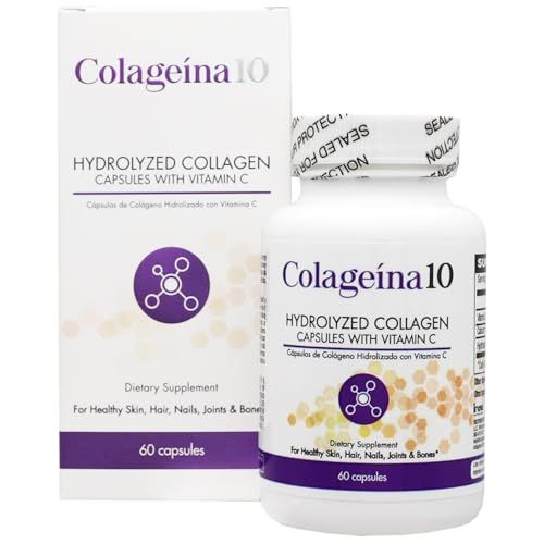 Colageina 10 Hydrolyzed Collagen Capsules with Vitamin C - Anti-Aging Dietary Supplement for Healthy Skin, Hair, Nails, Joints, and Bones - 60 Count