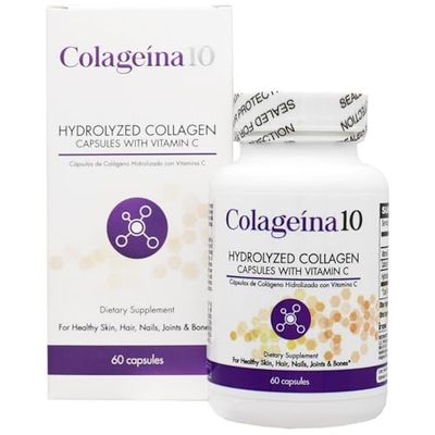 Colageina 10 Hydrolyzed Collagen Capsules with Vitamin C - Anti-Aging Dietary Supplement for Healthy Skin, Hair, Nails, Joints, and Bones - 60 Count