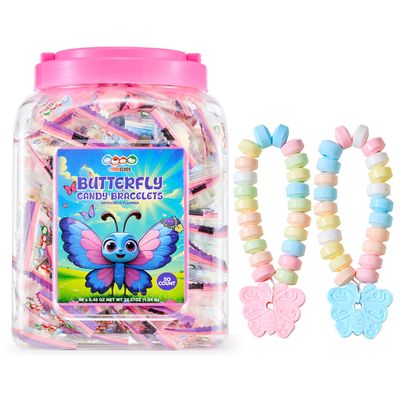 50 Butterfly Candy Bracelets, Novelty Pastel Candy Bracelets with Butterfly Charm, Cute Individually Wrapped Butterfly Party Favors, by 4YoreElves