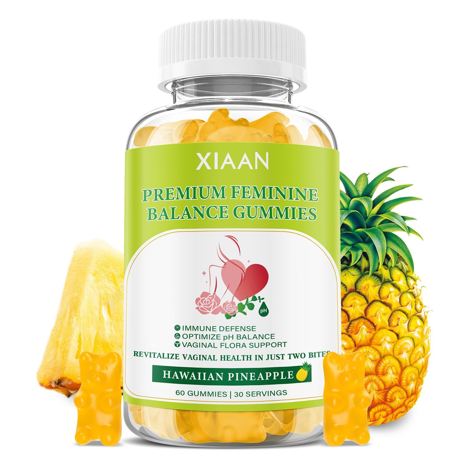 XIAAN Premium Feminine Balance Gummies for Women&#39;s Immune Health, Hawaiian Pineapple Gummies Support PH Balance Vaginal Health, Vegan, Gluten-Free, 60 Gummies