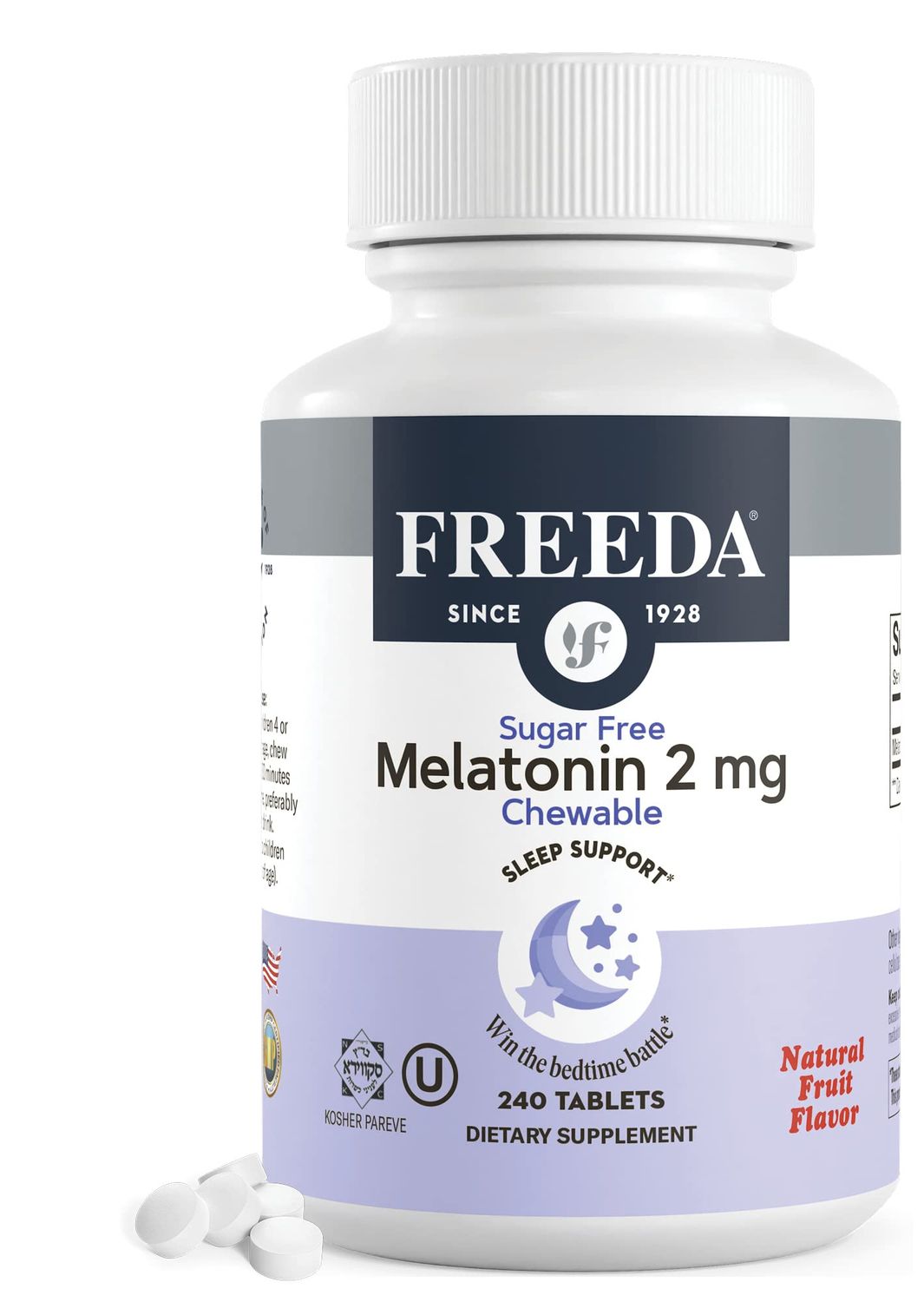 FREEDA Melatonin 2mg Sugar-Free Chewables - Natural Sleep Aid for Adults Kids - Vegan, Kosher, Gluten-Free, Non-GMO, Easy Bedtime Support - 240 Tablets