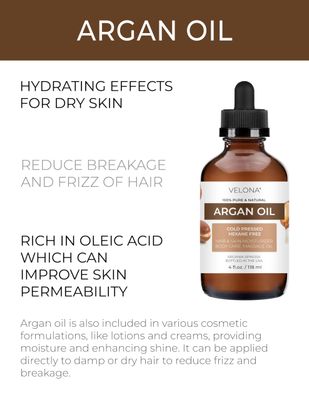 velona Argan Oil - 4 Fl Oz (With Dropper) 100 Pure and Natural Morocco Oil Skin, Body and Face Care Nails Protector Unrefined, Cold Pressed Cap Kit
