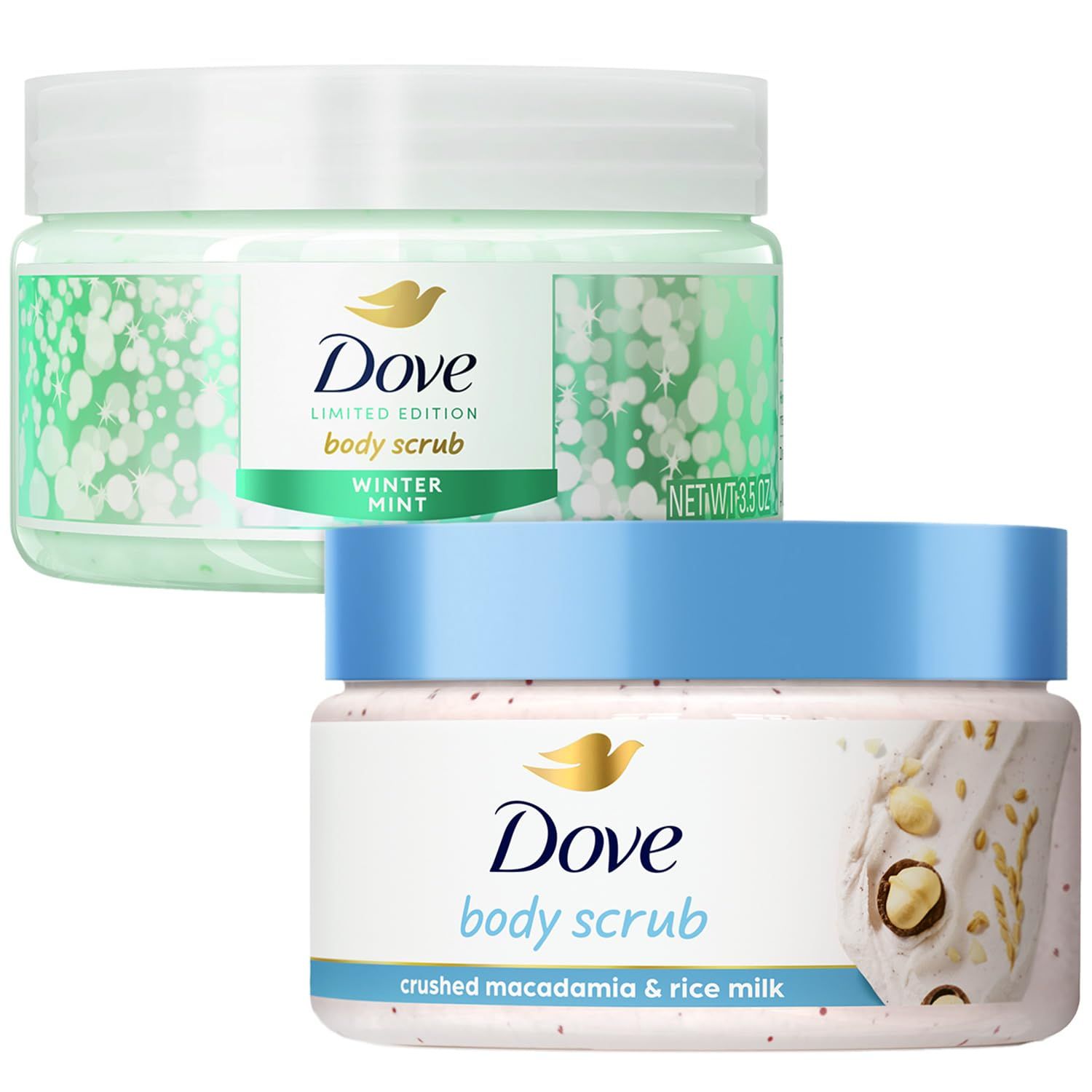 Dove Body Scrub Gift Set Variety 2-Pack - Exfoliating Winter Mint and Crushed Macadamia in Mini Jars, Gifts for Women, 3.5 Oz Ea