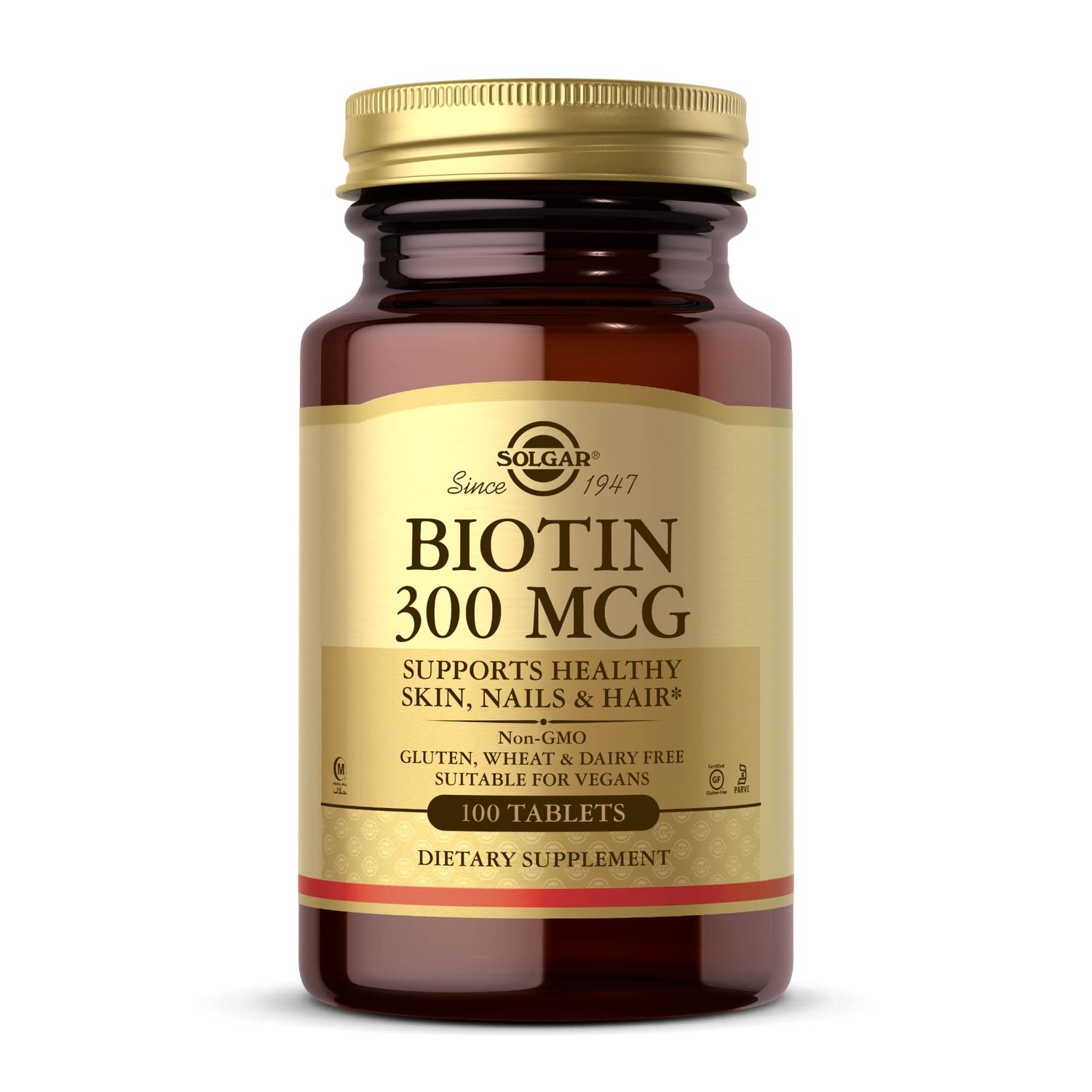 SOLGAR Biotin 300 mcg - 100 Tablets - Supports Healthy Skin, Nails Hair - Non-GMO, Vegan, Gluten Free, Dairy Free, Kosher, Halal - 100 Servings
