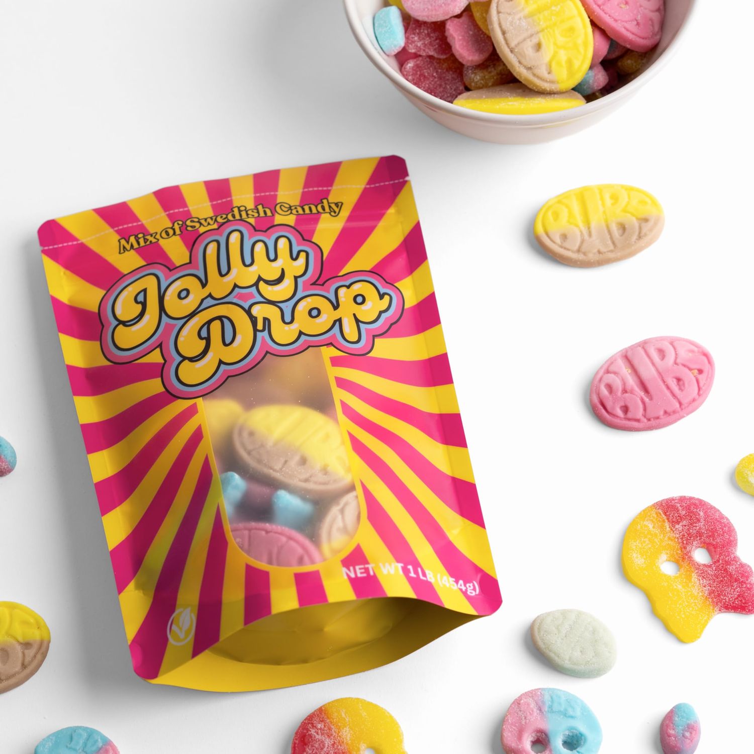 JollyDrop Swedish Candy Mix - Authentic BUBS Sweet Sour Gummies - Soft Chewy Nordic Treats - Skulls, Ovals More - 1 lb Bag of Swedish Godis