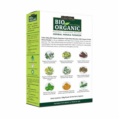 INDUS VALLEY Bio Organic Herbal Henna Powder (100g), 100 Pure Henna Hair Colour, 100 Natural Hair Dye Chemical-Free, Nourishing, Conditions Strengthens Hair, Adds Shine