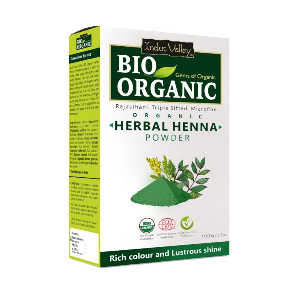 INDUS VALLEY Bio Organic Herbal Henna Powder (100g), 100 Pure Henna Hair Colour, 100 Natural Hair Dye Chemical-Free, Nourishing, Conditions Strengthens Hair, Adds Shine