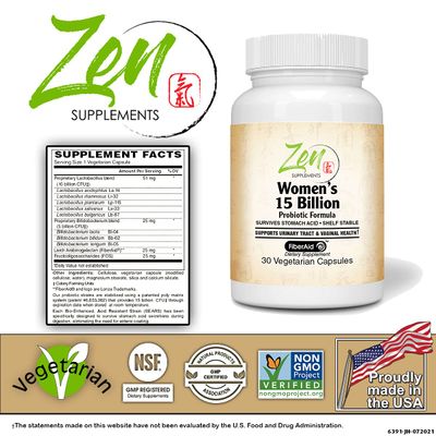 Zen Supplements - Womens 15 Billion Multi-Probiotic - Supports Urinary and Vaginal Health with Lactobacilli Bifado Blended Strains Survives Stomach Acid, Shelf Stable 30-Vegcaps