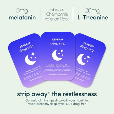ZENERGY Sleep Oral Strips - Chamomile Lavender Flavor 5mg Melatonin 20mg L-Theanine 100 Vitamin B6 Botanicals 0 Sugar, 0 Calories, 0 Gluten, Vegan, Instant Action 1 Tin 30 Strips