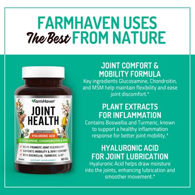 FarmHaven Glucosamine Chondroitin MSM with Boswellia, Turmeric Added Hyaluronic Acid Vitamin D3 Promotes Joint Muscle Health Inflammation Response Non-GMO Gluten Free 90 Capsules