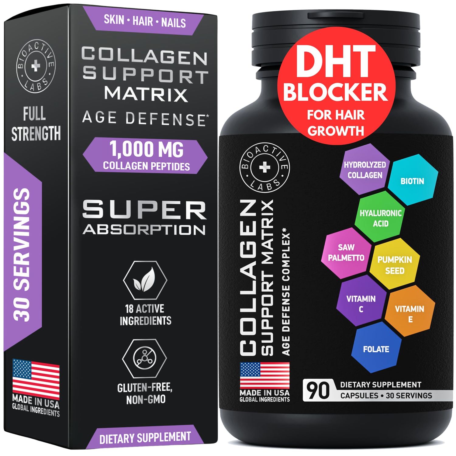 Age Defense Beauty Collagen Matrix - 2,000mg Multi Collagen Biotin Keratin Hyaluronic Acid Saw Palmetto Vitamin C Supplement Complex - DHT Blocker for Men Women for Hair Growth - 90 Gluten-Free Caps