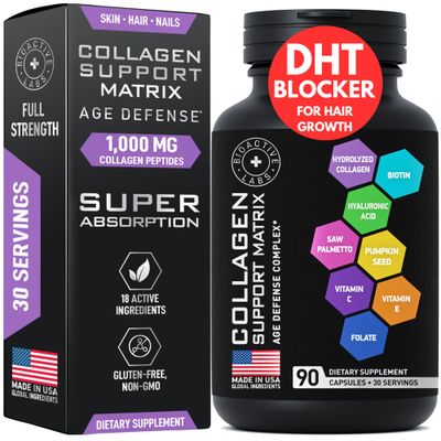 Age Defense Beauty Collagen Matrix - 2,000mg Multi Collagen Biotin Keratin Hyaluronic Acid Saw Palmetto Vitamin C Supplement Complex - DHT Blocker for Men Women for Hair Growth - 90 Gluten-Free Caps