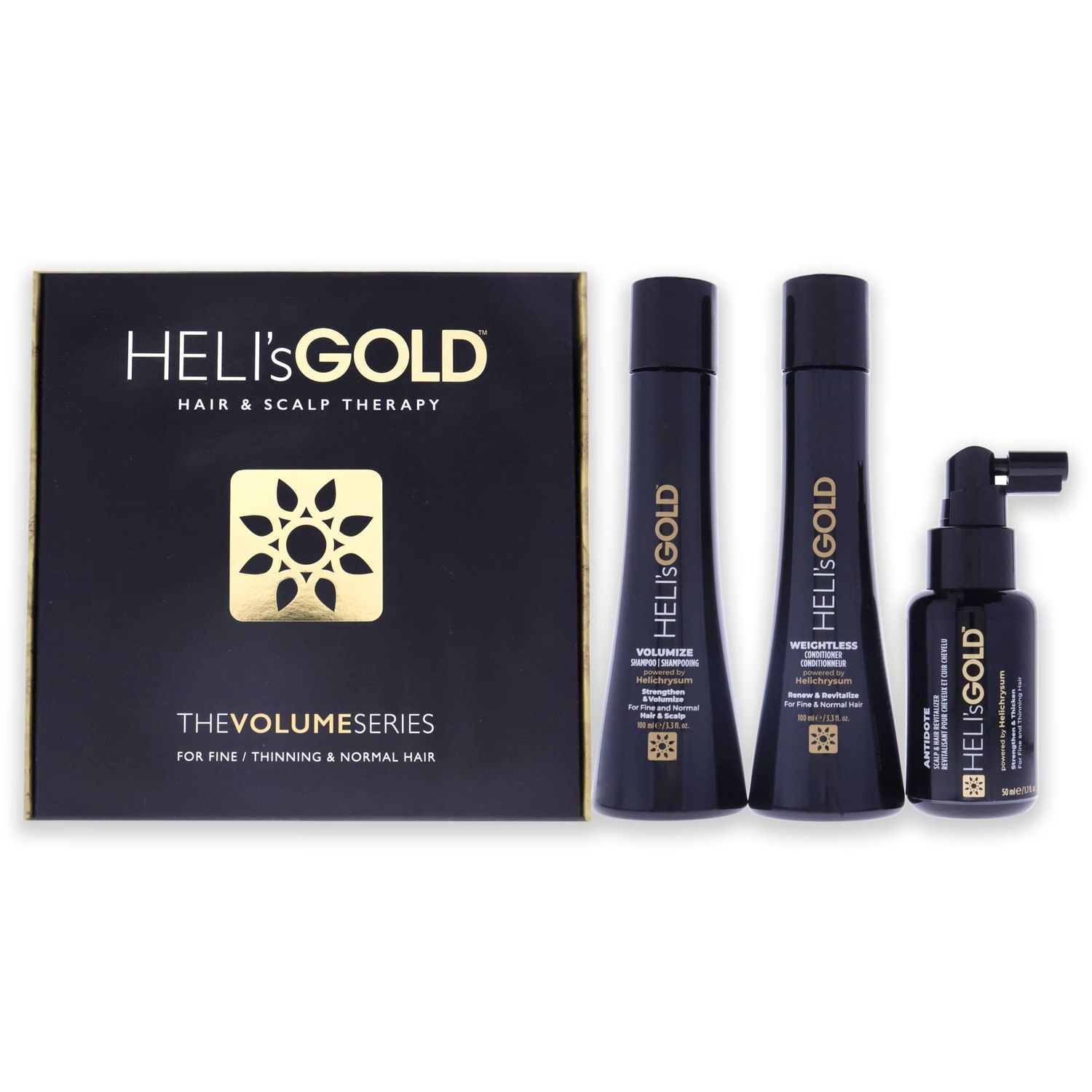 HELI&#39;s GOLD Volume Series Travel Kit - For FineThin Hair - StrengthenRepair - Volumize Shampoo - Weightless Conditioner - Scalp Hair Revitalizer - Color Safe - 3pc
