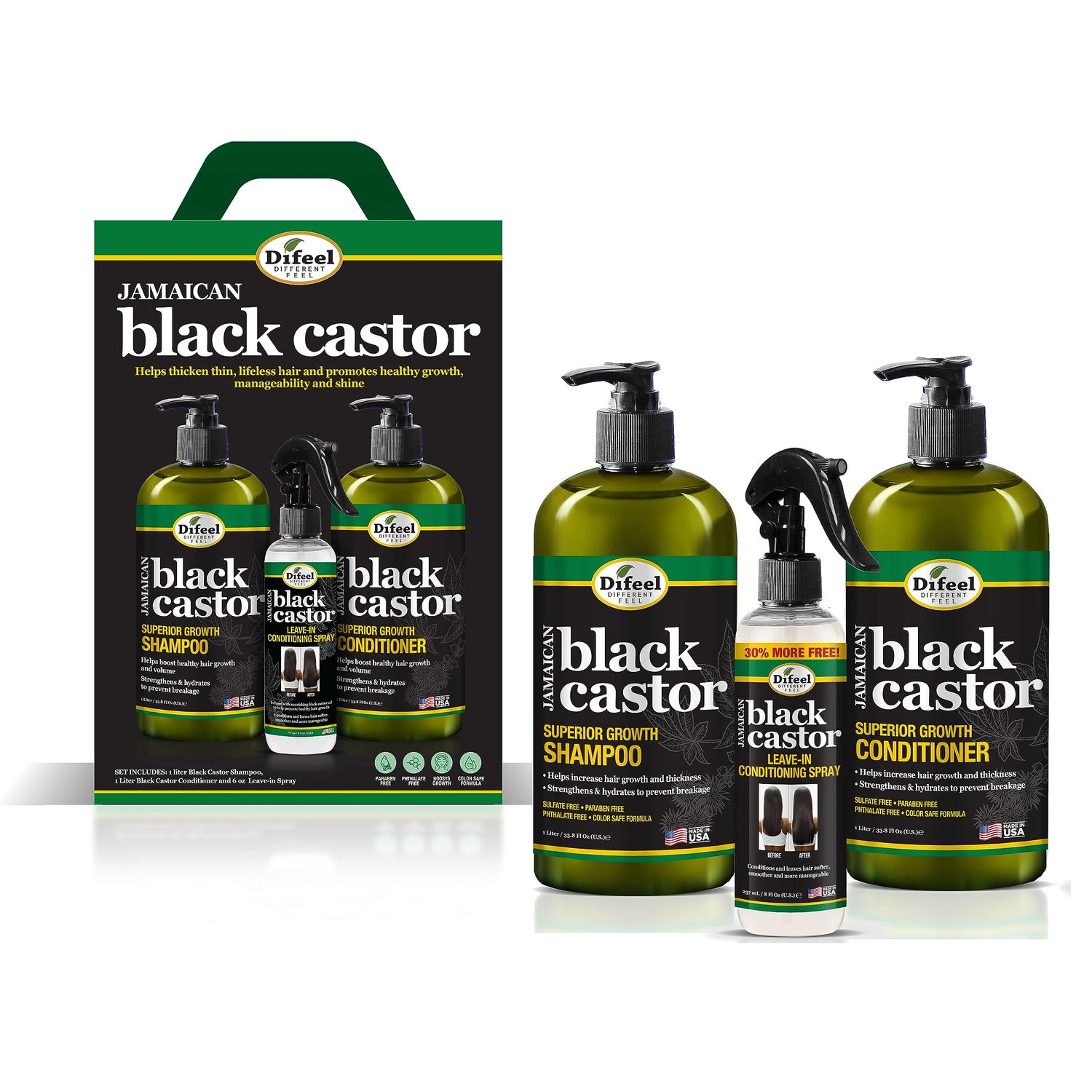 Difeel Jamaican Black Castor Superior Growth Shampoo, Conditioner Leave in Conditioning Spray 3-PC Gift Set - Includes Shampoo 33.8oz., Conditioner 33.8oz. and Leave in Conditioning Spray 6oz Boxed
