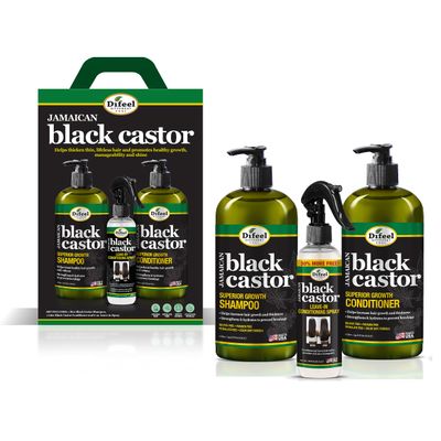 Difeel Jamaican Black Castor Superior Growth Shampoo, Conditioner Leave in Conditioning Spray 3-PC Gift Set - Includes Shampoo 33.8oz., Conditioner 33.8oz. and Leave in Conditioning Spray 6oz Boxed