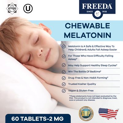 FREEDA Melatonin 2mg Sugar-Free Chewables - Natural Sleep Aid for Adults Kids - Vegan, Kosher, Gluten-Free, Non-GMO, Easy Bedtime Support - 60 Tablets