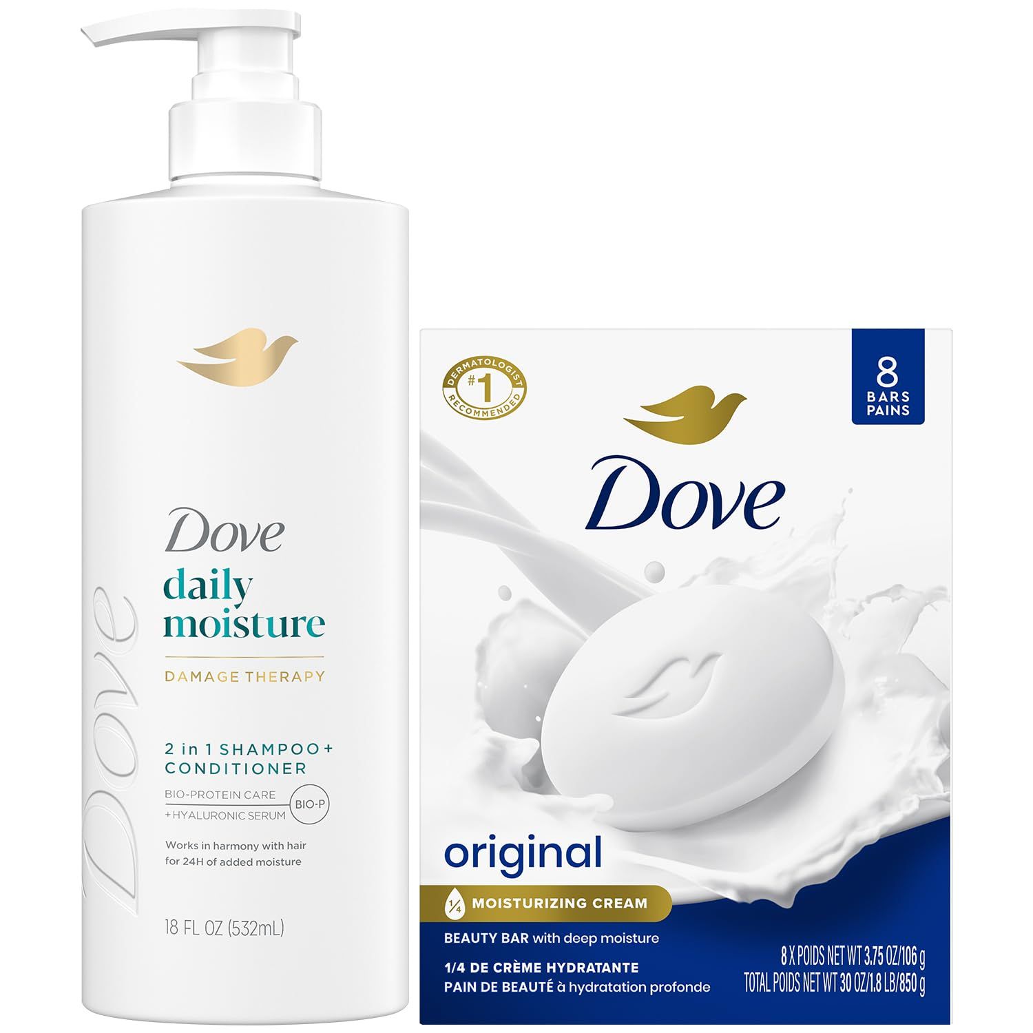 Dove Shampoo Conditioner 2-in-1 Dove Beauty Bar Soap 8-Pack - Deep Hydration for Revitalizing Dry Hair and Skin (9-Piece Set)