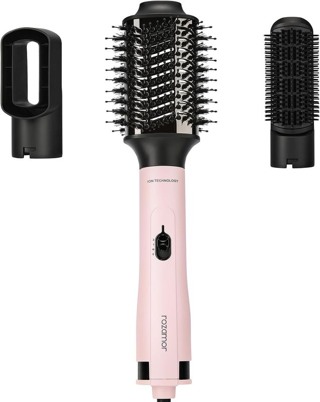 Rozamor Titanium Volumizer Hair Dryer, 3 in 1 Negative Ion Pink Interchangeable Hot Air Brush Set for Straightening, Drying, Curling - 3 Inch Oval Brush, Multi-Temperature