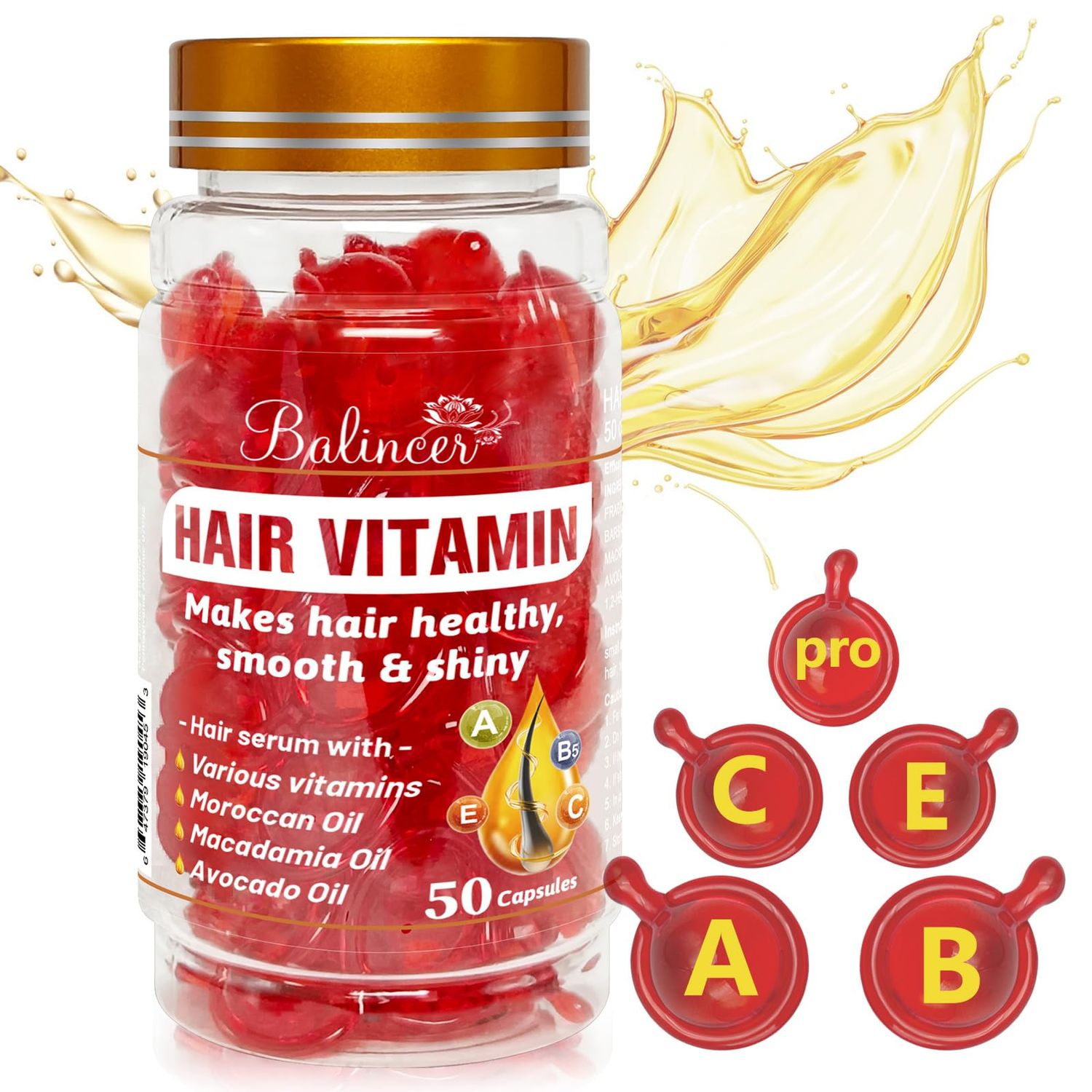 Balincer Hair Treatment Serum 50 Capsules, Hair Vitamin A C E Pro B5 with Argan Macadamia Avocado Oils, No Rinse Conditioner for Women Men, Repairs Frizzy and Damaged Hair